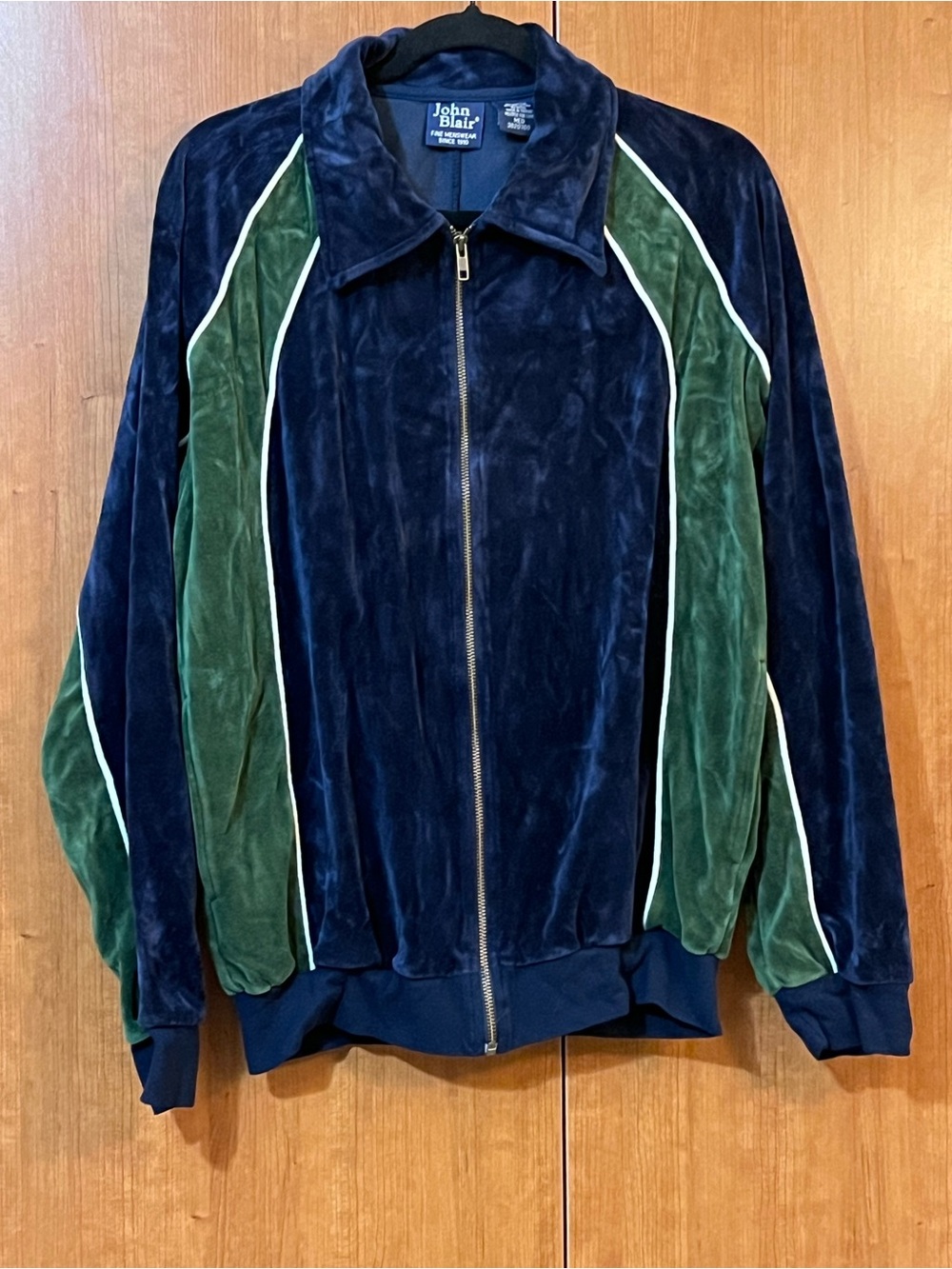 Vintage Men's Velour Track Jacket Navy and Green Full Zip John Blair Size: Med